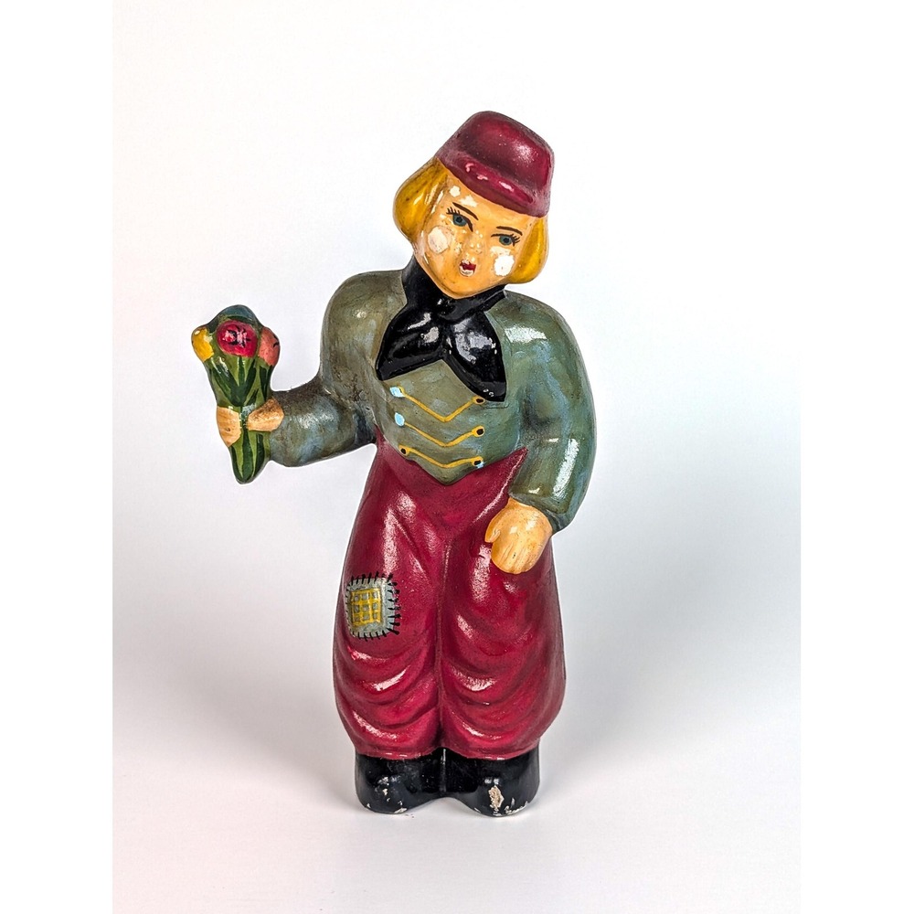 Vintage Chalkware Boy Flowers Figurine Hand Painted Carnival Style 5 Inch